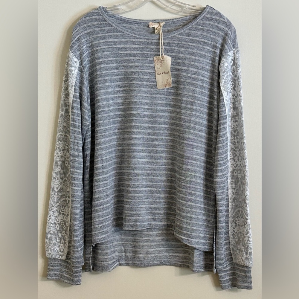 Hem & Thread Gray Striped Top with Lace Sleeves